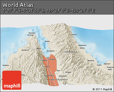 Shaded Relief 3D Map of the Area around 0° 52' 31" S, 119° 55' 30" E