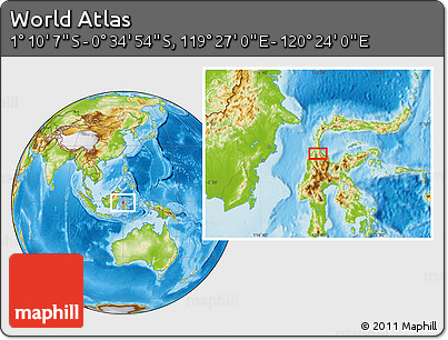 Physical Location Map of the Area around 0° 52' 31" S, 119° 55' 30" E