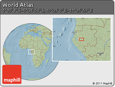 Savanna Style Location Map of the Area around 0° 52' 31" S, 11° 7' 30" E, hill shading