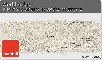 Shaded Relief Panoramic Map of the Area around 0° 52' 31" S, 11° 7' 30" E