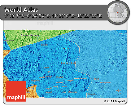 Political 3D Map of the Area around 0° 52' 31" S, 11° 58' 29" E