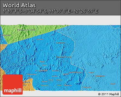 Political 3D Map of the Area around 0° 52' 31" S, 11° 58' 29" E