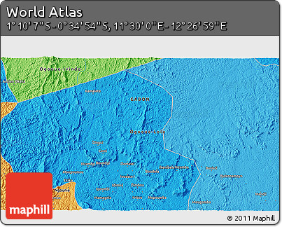 Political 3D Map of the Area around 0° 52' 31" S, 11° 58' 29" E