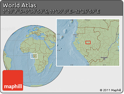 Savanna Style Location Map of the Area around 0° 52' 31" S, 11° 58' 29" E, hill shading