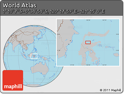 Gray Location Map of the Area around 0° 52' 31" S, 120° 46' 30" E