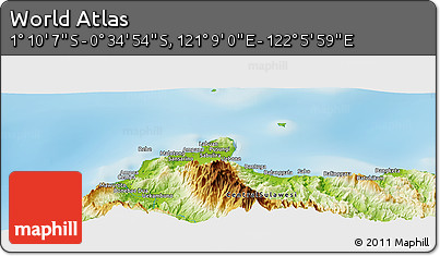 Physical Panoramic Map of the Area around 0° 52' 31" S, 121° 37' 30" E