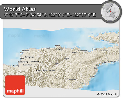 Shaded Relief 3D Map of the Area around 0° 52' 31" S, 122° 28' 29" E