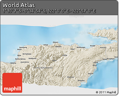 Shaded Relief 3D Map of the Area around 0° 52' 31" S, 122° 28' 29" E