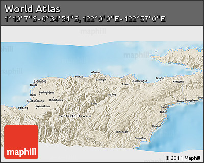 Shaded Relief 3D Map of the Area around 0° 52' 31" S, 122° 28' 29" E