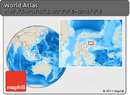 Shaded Relief Location Map of the Area around 0° 52' 31" S, 122° 28' 29" E