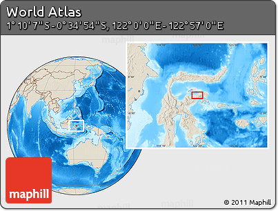 Shaded Relief Location Map of the Area around 0° 52' 31" S, 122° 28' 29" E