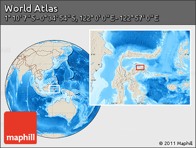 Shaded Relief Location Map of the Area around 0° 52' 31" S, 122° 28' 29" E