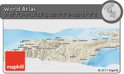 Shaded Relief Panoramic Map of the Area around 0° 52' 31" S, 122° 28' 29" E