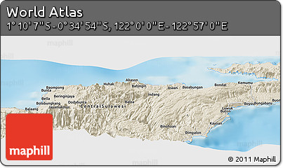 Shaded Relief Panoramic Map of the Area around 0° 52' 31" S, 122° 28' 29" E