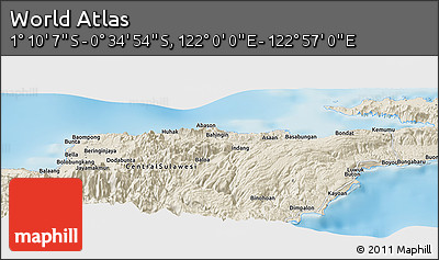 Shaded Relief Panoramic Map of the Area around 0° 52' 31" S, 122° 28' 29" E