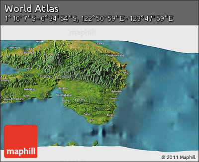 Satellite 3D Map of the Area around 0° 52' 31" S, 123° 19' 29" E