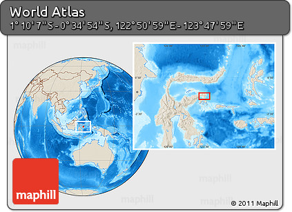 Shaded Relief Location Map of the Area around 0° 52' 31" S, 123° 19' 29" E