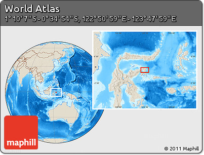 Shaded Relief Location Map of the Area around 0° 52' 31" S, 123° 19' 29" E