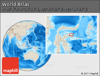 Shaded Relief Location Map of the Area around 0° 52' 31" S, 123° 19' 29" E