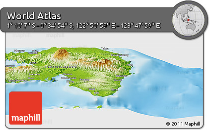Physical Panoramic Map of the Area around 0° 52' 31" S, 123° 19' 29" E