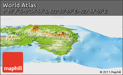 Physical Panoramic Map of the Area around 0° 52' 31" S, 123° 19' 29" E