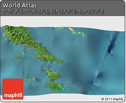 Satellite 3D Map of the Area around 0° 52' 31" S, 128° 25' 30" E