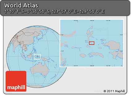Gray Location Map of the Area around 0° 52' 31" S, 128° 25' 30" E