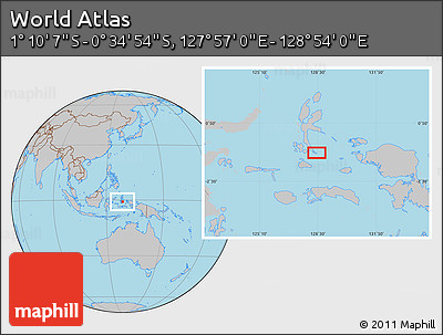 Gray Location Map of the Area around 0° 52' 31" S, 128° 25' 30" E