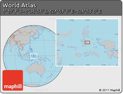 Gray Location Map of the Area around 0° 52' 31" S, 128° 25' 30" E