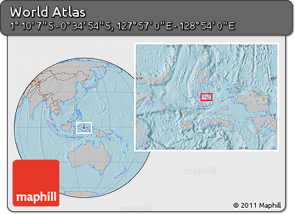 Gray Location Map of the Area around 0° 52' 31" S, 128° 25' 30" E, hill shading