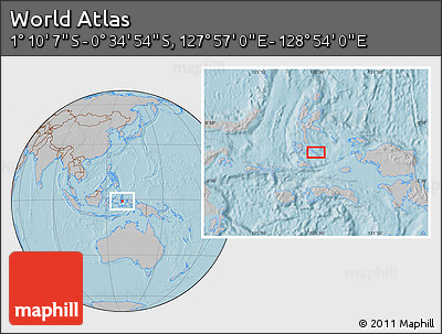 Gray Location Map of the Area around 0° 52' 31" S, 128° 25' 30" E, hill shading