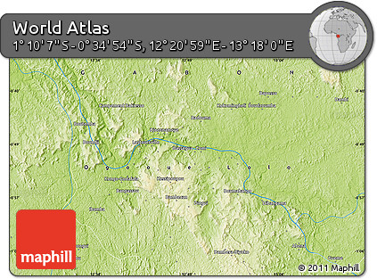 Physical Map of the Area around 0° 52' 31" S, 12° 49' 29" E