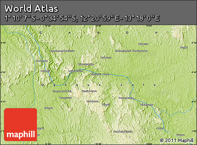 Physical Map of the Area around 0° 52' 31" S, 12° 49' 29" E