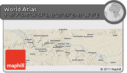 Shaded Relief Panoramic Map of the Area around 0° 52' 31" S, 12° 49' 29" E