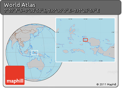 Gray Location Map of the Area around 0° 52' 31" S, 130° 58' 29" E