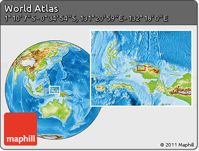 Physical Location Map of the Area around 0° 52' 31" S, 131° 49' 29" E