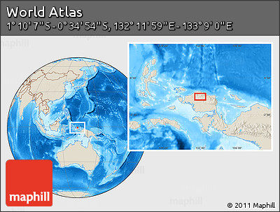 Shaded Relief Location Map of the Area around 0° 52' 31" S, 132° 40' 30" E