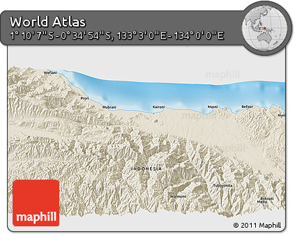 Shaded Relief 3D Map of the Area around 0° 52' 31" S, 133° 31' 30" E