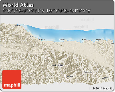 Shaded Relief 3D Map of the Area around 0° 52' 31" S, 133° 31' 30" E