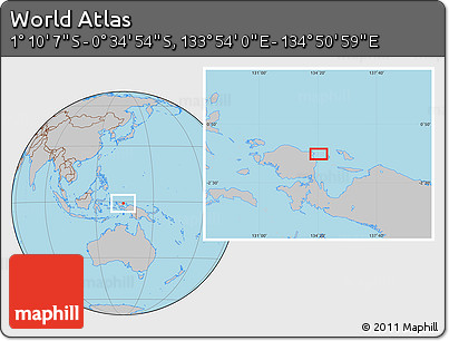 Gray Location Map of the Area around 0° 52' 31" S, 134° 22' 30" E
