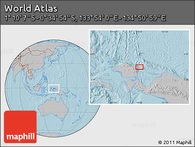 Gray Location Map of the Area around 0° 52' 31" S, 134° 22' 30" E, hill shading