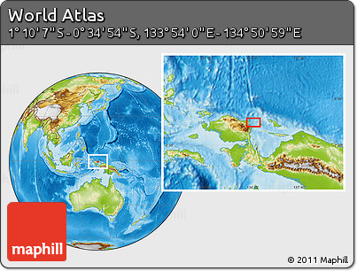 Physical Location Map of the Area around 0° 52' 31" S, 134° 22' 30" E