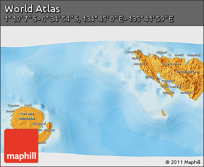 Political 3D Map of the Area around 0° 52' 31" S, 135° 13' 29" E