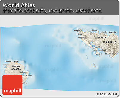 Shaded Relief 3D Map of the Area around 0° 52' 31" S, 135° 13' 29" E