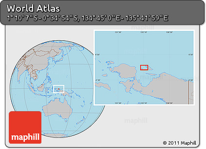 Gray Location Map of the Area around 0° 52' 31" S, 135° 13' 29" E