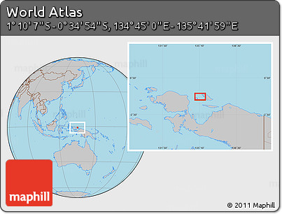 Gray Location Map of the Area around 0° 52' 31" S, 135° 13' 29" E