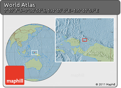Savanna Style Location Map of the Area around 0° 52' 31" S, 135° 13' 29" E, hill shading