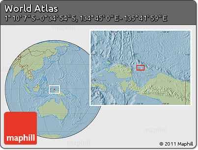 Savanna Style Location Map of the Area around 0° 52' 31" S, 135° 13' 29" E, hill shading