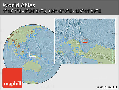 Savanna Style Location Map of the Area around 0° 52' 31" S, 135° 13' 29" E, hill shading