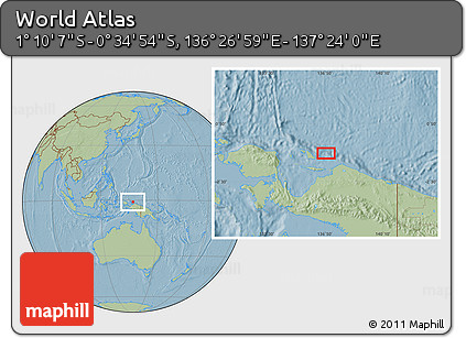 Savanna Style Location Map of the Area around 0° 52' 31" S, 136° 55' 30" E, hill shading